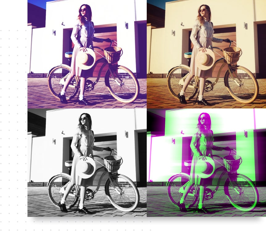 An image of a woman on a bicycle with four different effects applied 