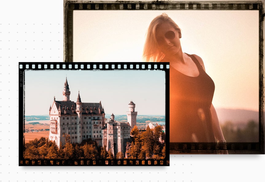 Image of woman and castle with frame effects applied 