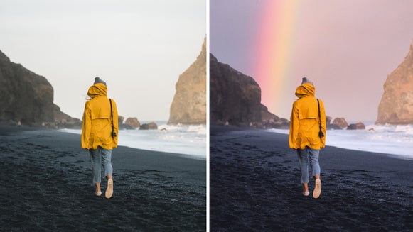 side by side photo of a girl on the beach with the sky behind her replaced on the right image 