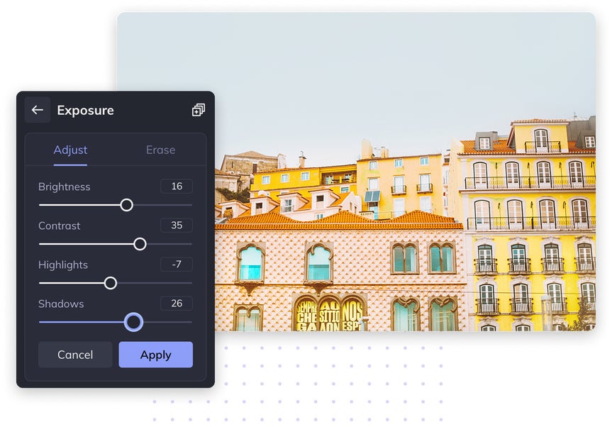 screenshot of BeFunky's exposure tool UI next to a photo of buildings