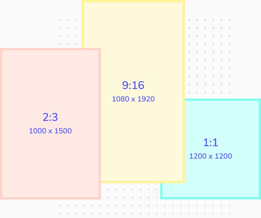 Three colored boxes each with a different aspect ratios and dimensions written in the boxes