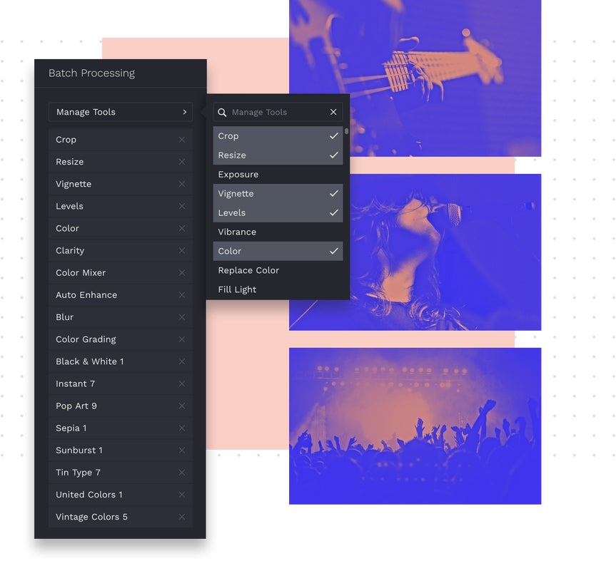 Batch Photo Editor controls next to 3 duotone concert images