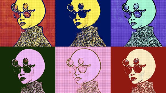 pop art style grid repeating an image of a girl with glasses