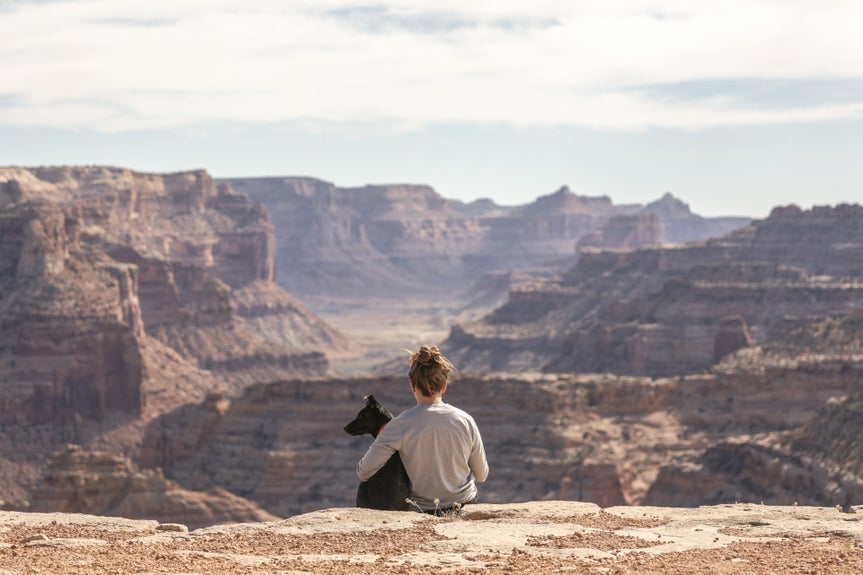 boy with dog at grand canyon