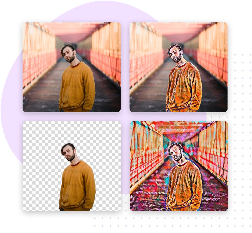 4 by 4 grid of images of a man in a hallway with various artistic filters applied