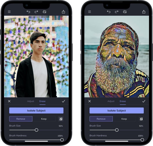 Mobile app UI that shows two images of men with artistic filters added