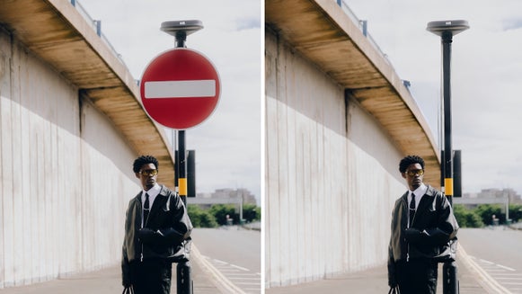 side by side image of a man in front of a sign, the sign has been removed from the right image