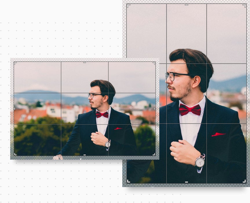 Two images of man in tuxedo, one with crop applied