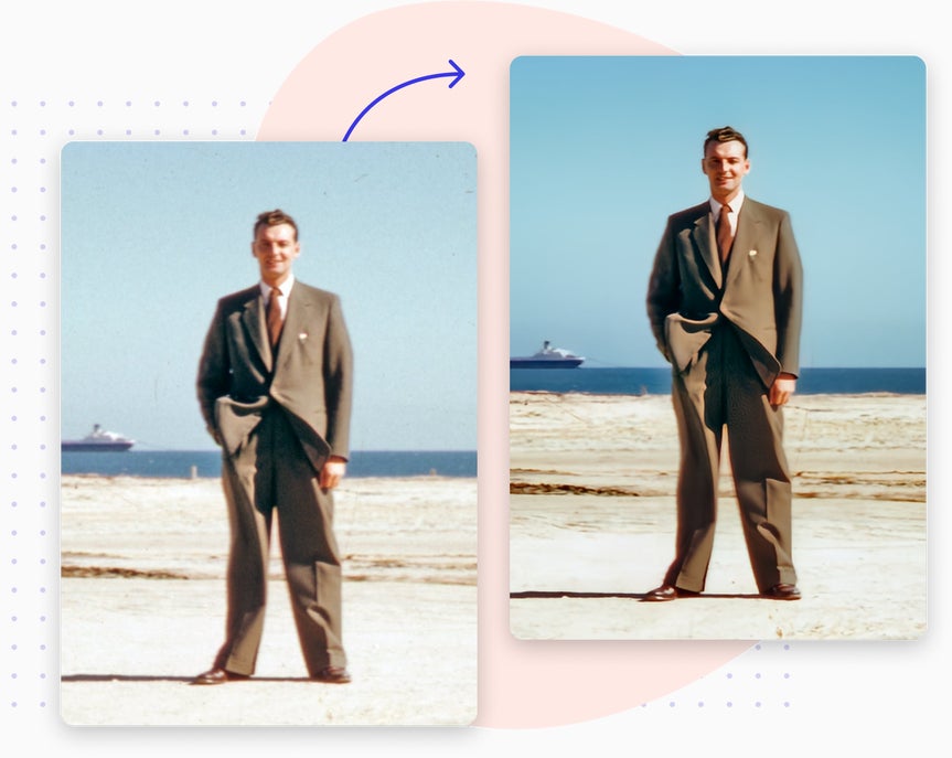 before and after graphic of the old photo restorer applied to a photo of a man in a suit on the beach