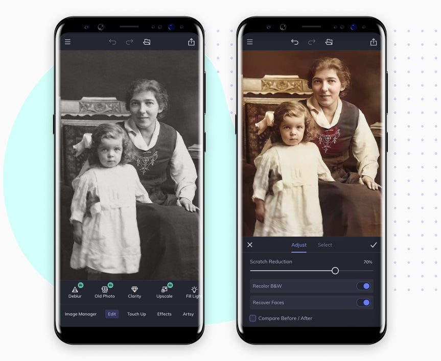 side by side before and after graphic of the mobile app turning a black and white photo into sepia