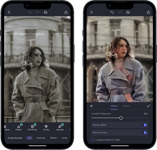 mobile app UI that shows before and after the old photo restorer applied to a photo of a girl
