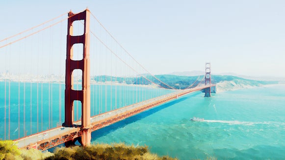 The Golden Gate Bridge spanning over the water with rolling hills in the background, depicted in a serene watercolor style