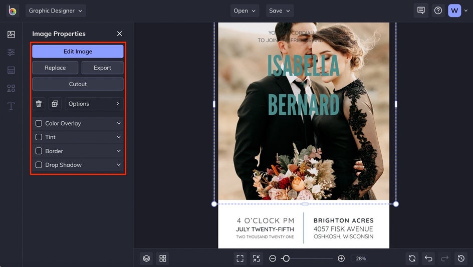 edit the image properties of your wedding invitation