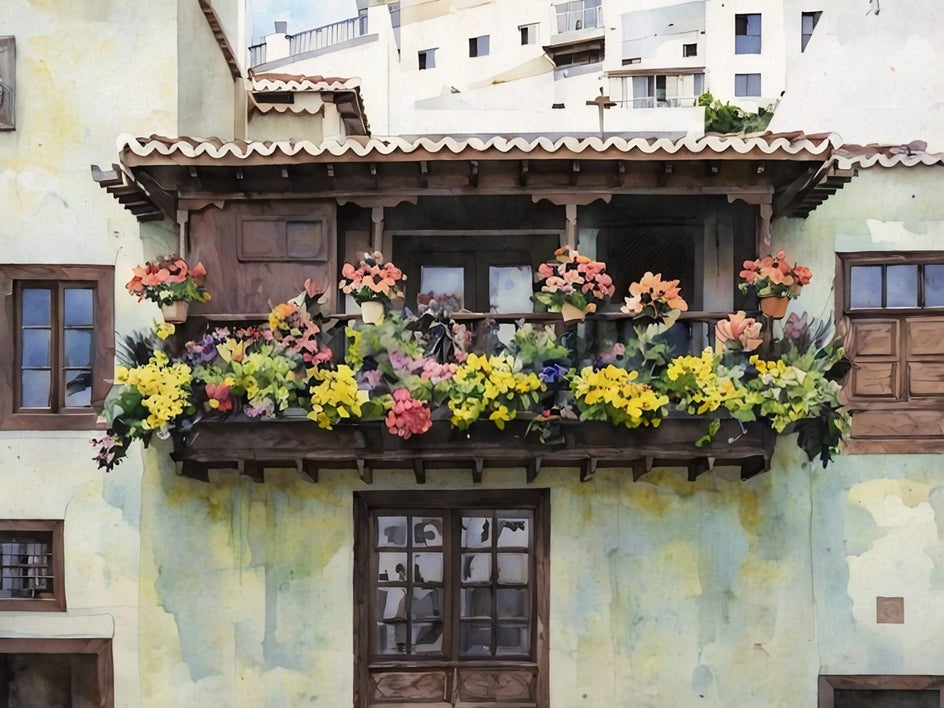 house with flowers on balcony with watercolor filter applied