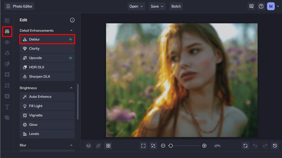 deblur tool edit tab