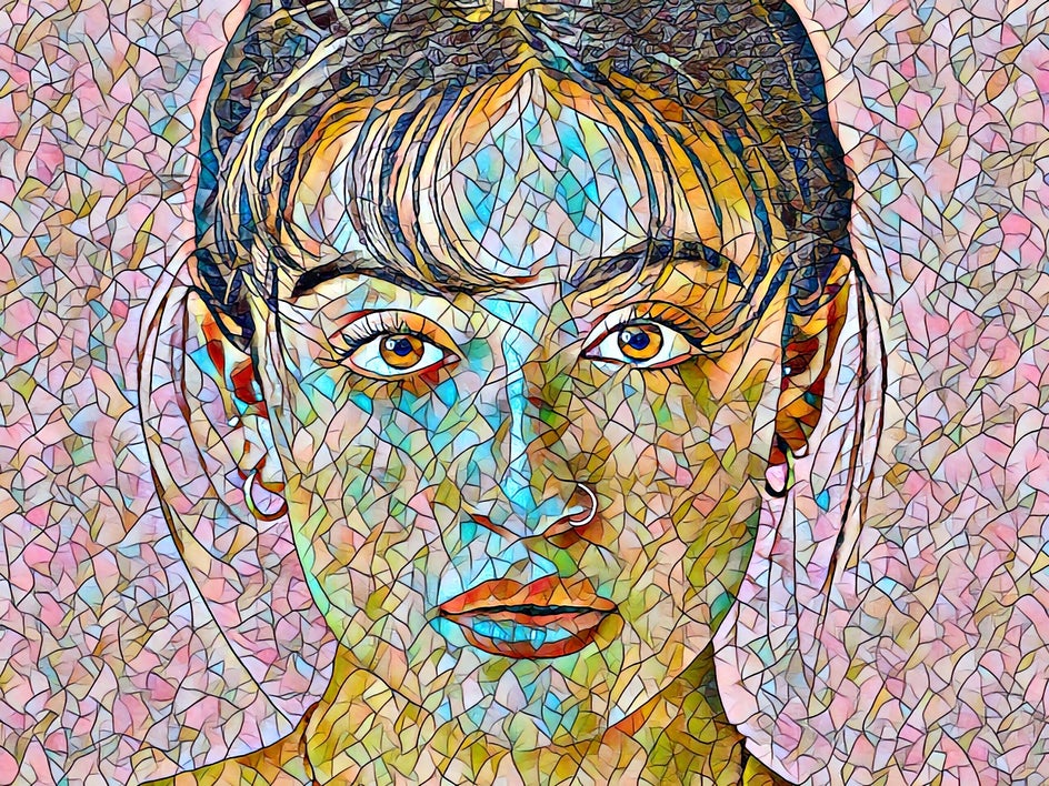 female portrait pink background with mosaic effect applied