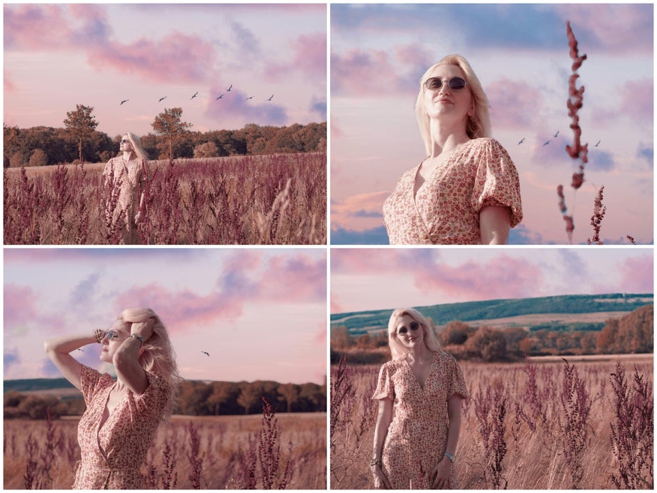 four images of sky and woman in field with new pink sky applied