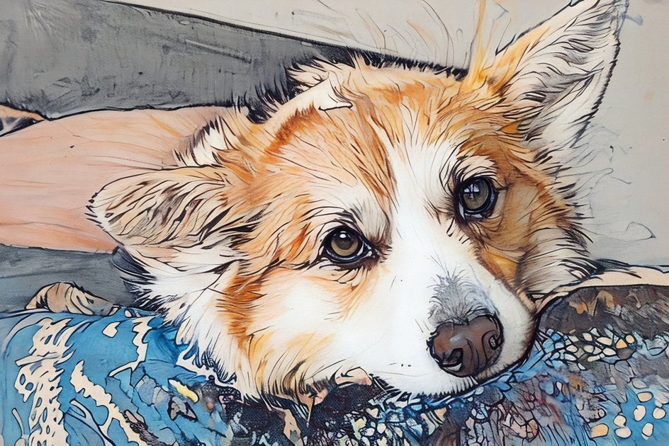 photo of corgi with color sketch applied