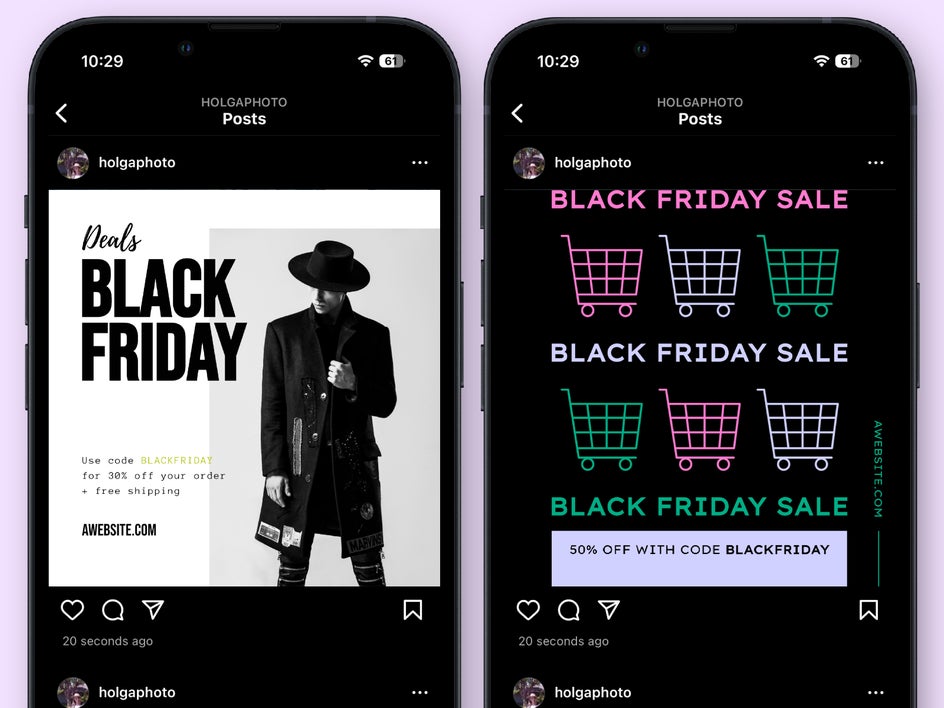 black friday social media post examples on phones