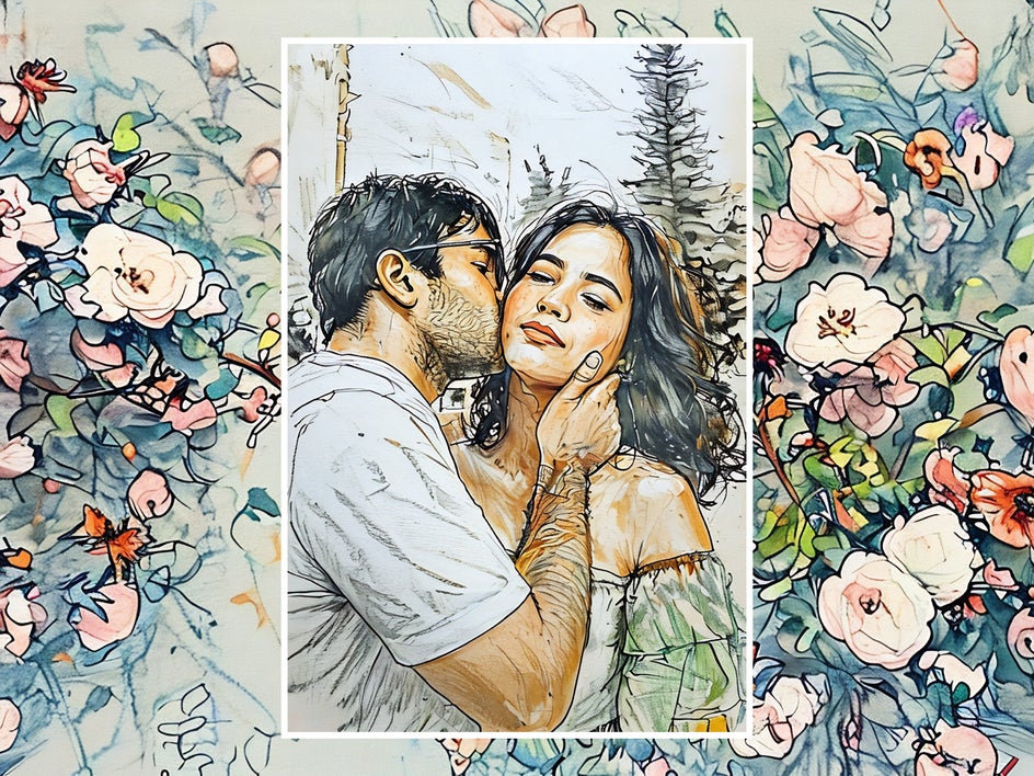 romantic couple with floral background and colored sketch applied