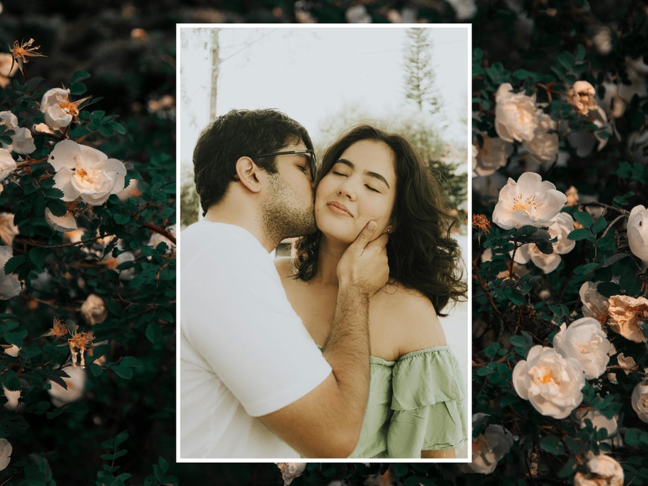 romantic couple with floral background