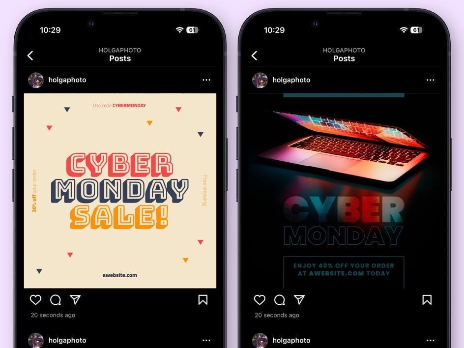 cyber monday social media post examples on phones