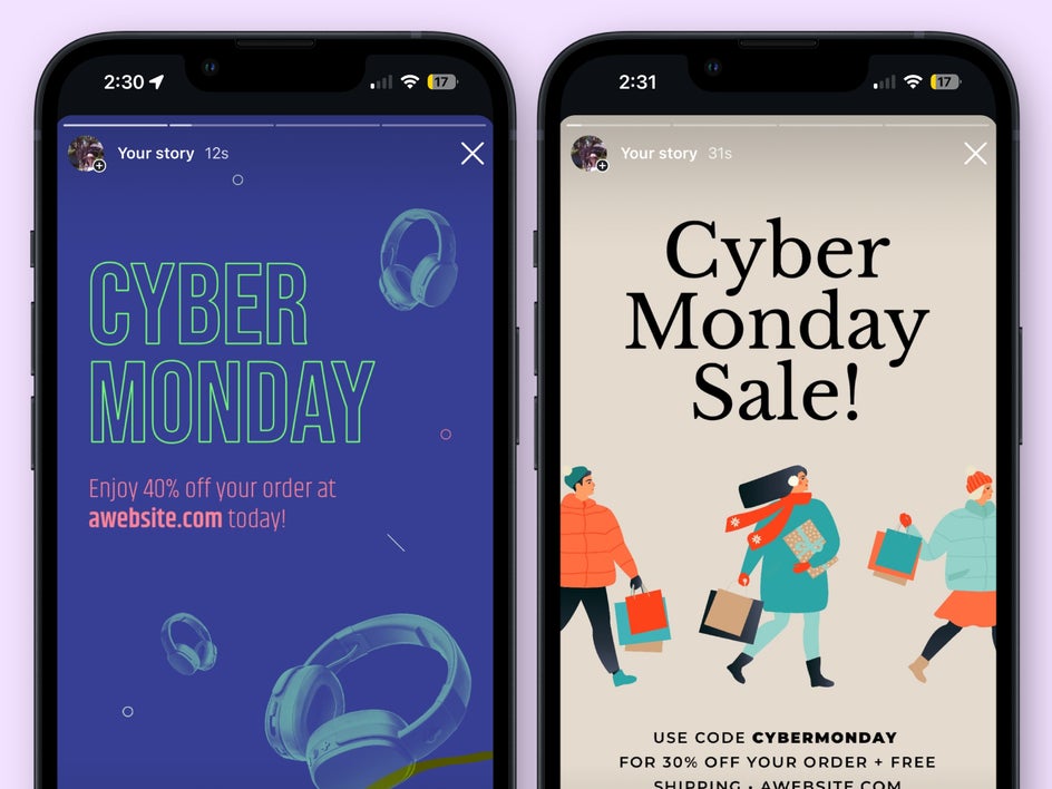 cyber monday social media story examples on phones