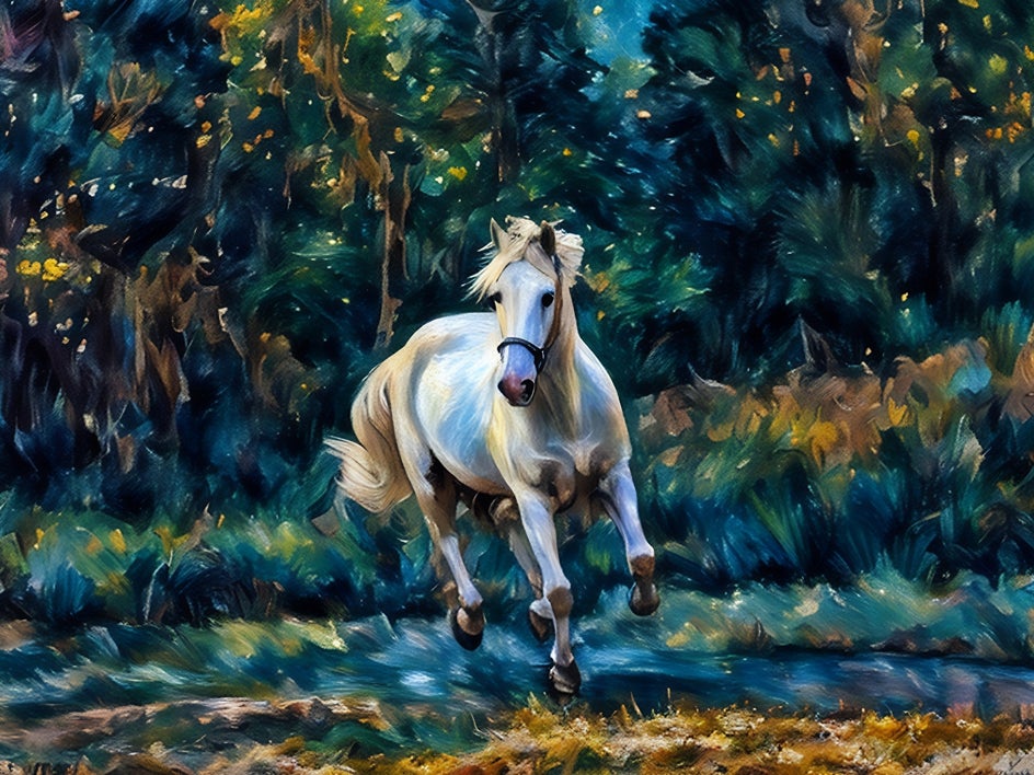 white horse galloping with pastel applied