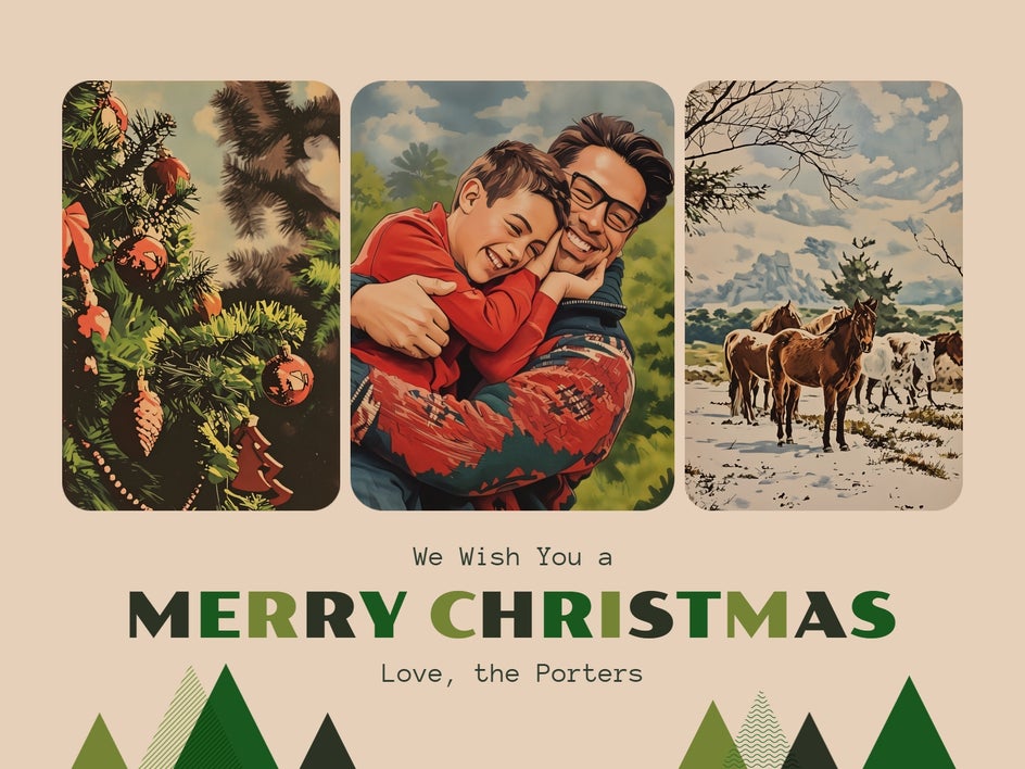 vintage style holiday card of family with vintage comic applied