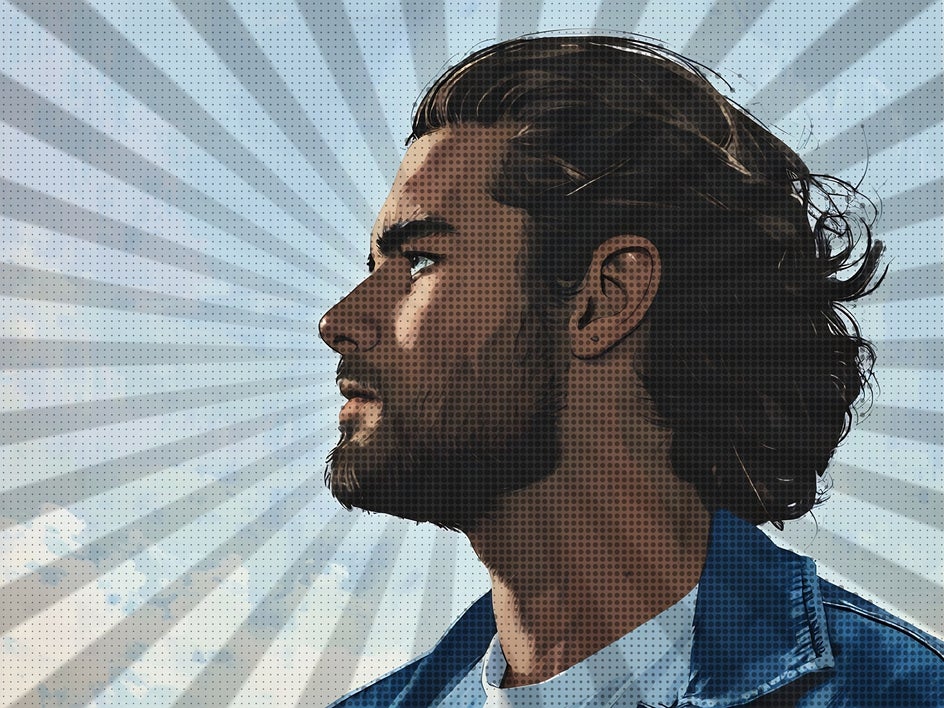 vintage comic and sunburst applied to photo of man