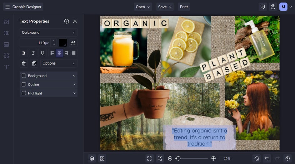 text properties menu in vision board collage