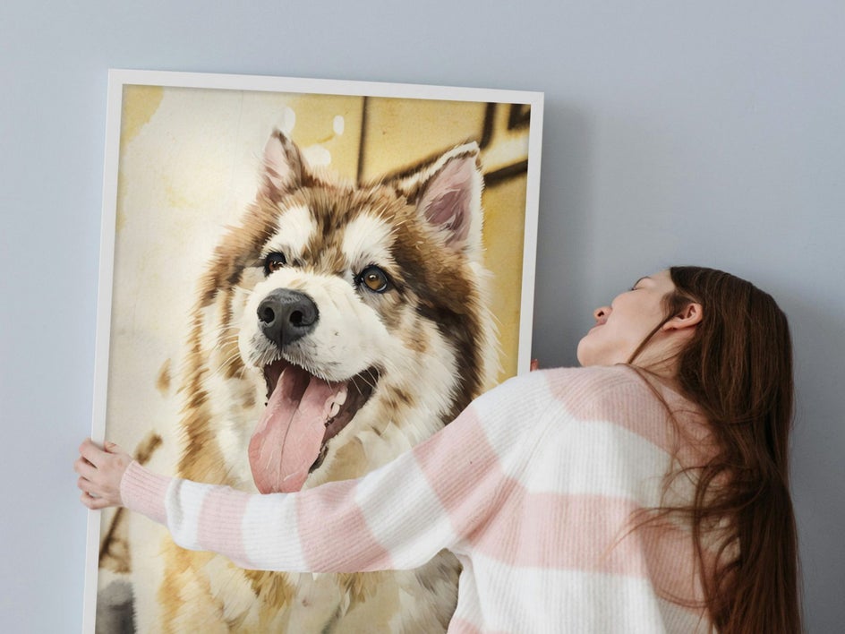 watercolor pet portrait on wall husky painting