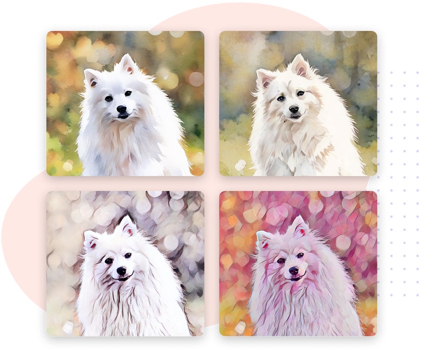 Collage of four images of a fluffy white dog, each featuring a different watercolor filter, against a colorful background