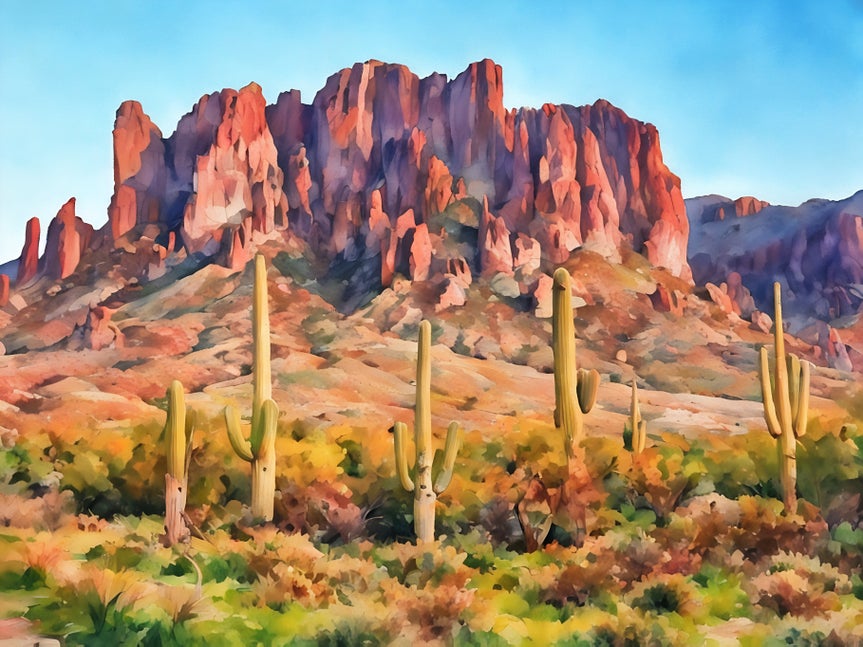 The same desert scene with cacti and a red rock mountain, enhanced with a vibrant watercolor photo filter adding soft, painterly textures and vivid colors.