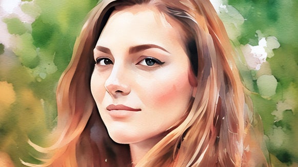 A close-up portrait of a woman with long hair, rendered in a soft watercolor style with delicate textures and subtle brushstrokes