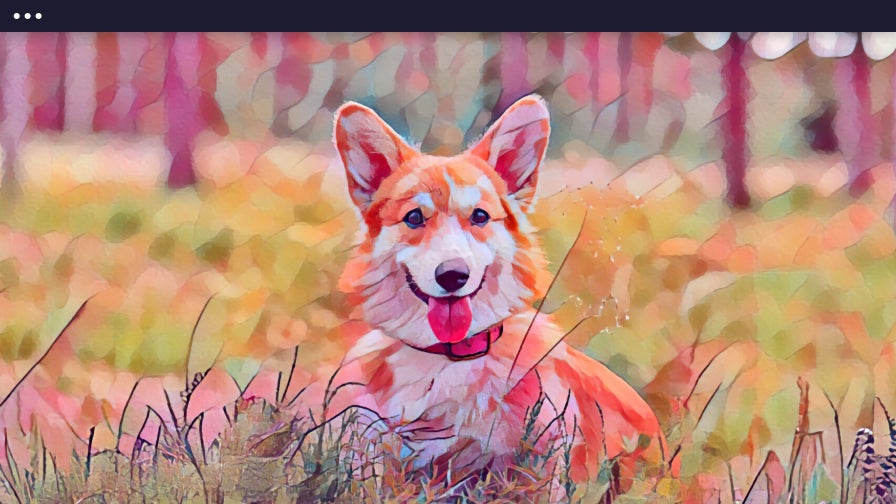 A corgi sitting in a vibrant grassy field with pink and green tones, looking toward the camera, with a watercolor photo filter applied.