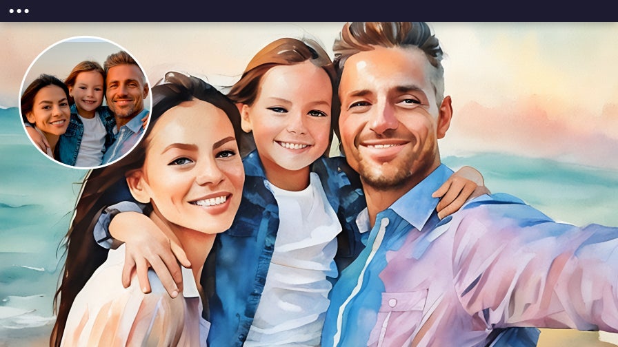 A smiling family of three in formal attire, posing closely together outdoors in bright, cheerful lighting, with a watercolor photo filter applied.