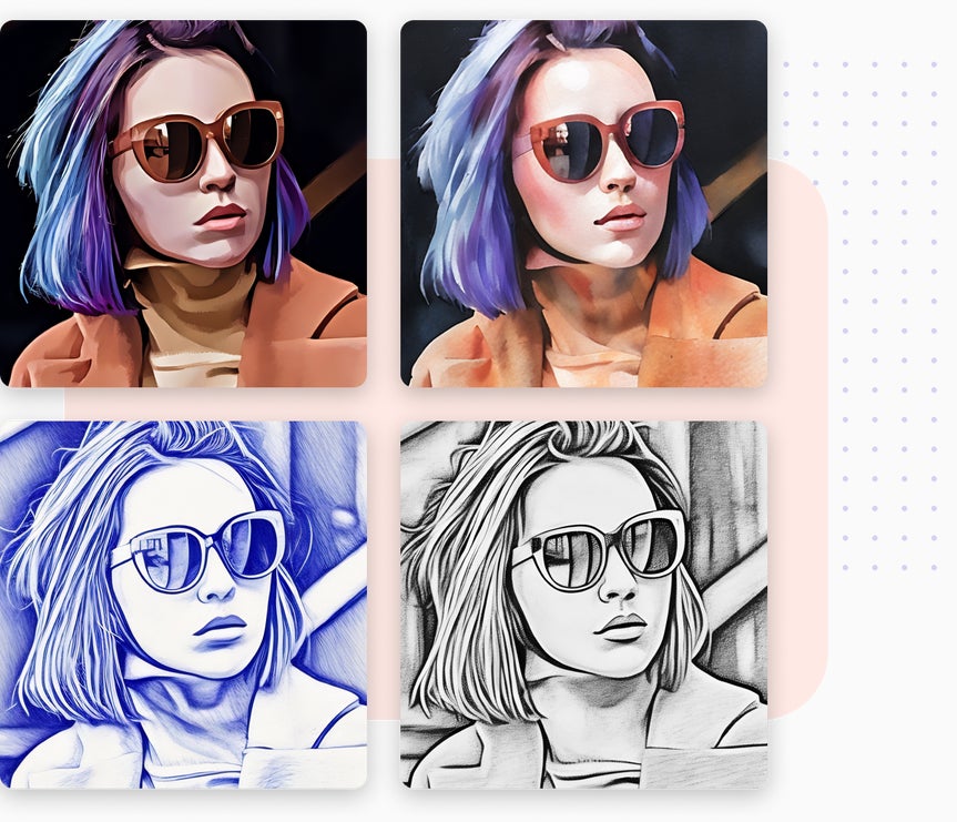 4 x 4 grid of images of a woman wearing sunglasses and various artistic effects applied to each photo