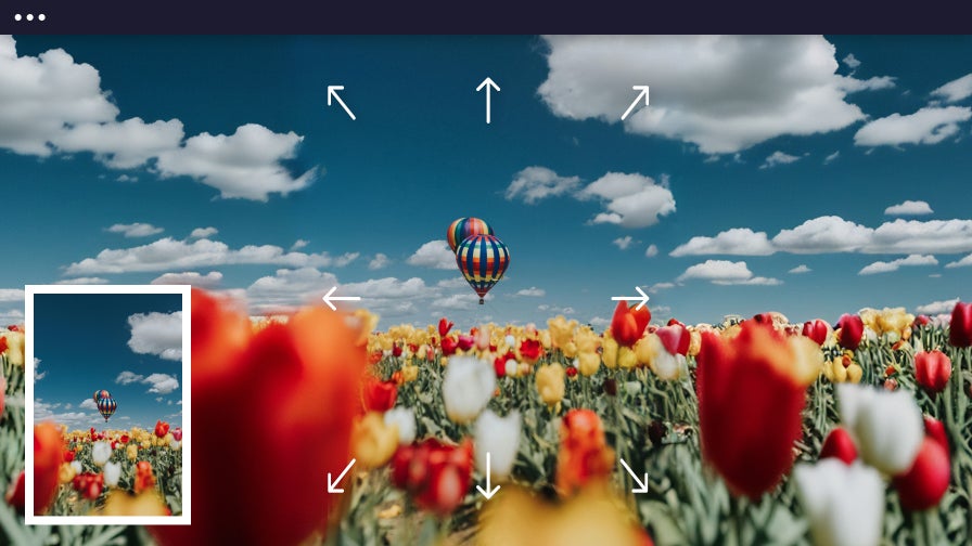 hot air balloon above a tulip field with arrows indicating expansion