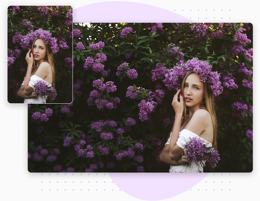 woman in front of purple flowers