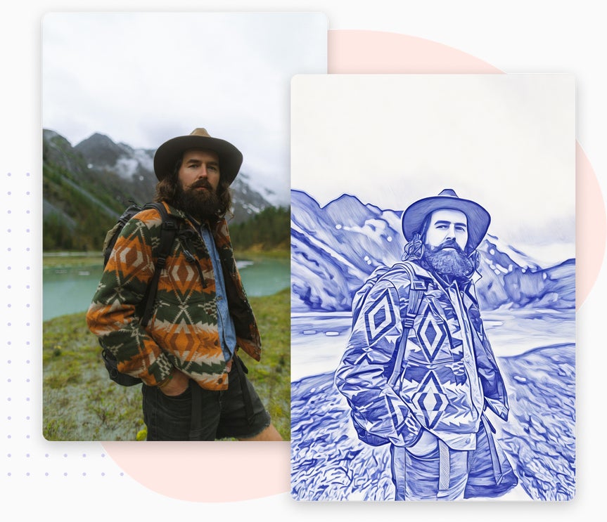 Man in mountains before and after Pen Art GFX is applied