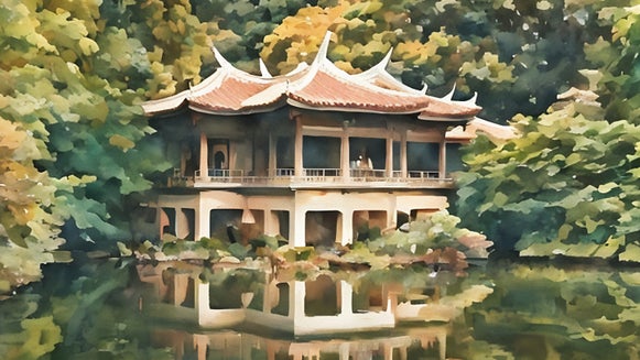 A traditional pagoda surrounded by lush greenery, reflected in a calm lake, rendered in a classic watercolor painting style