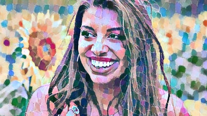 A smiling woman in a vibrant, colorful portrait with a pointillism-like painting effect.