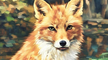 A close-up of a fox in a forest, painted in an Impressionist style with soft brushstrokes and natural tones.