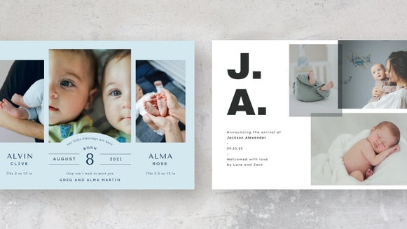 two birth announcement cards in white and blue